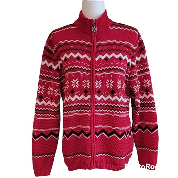 VTG Breckenridge Fair Isle Nordic Zip Front Red Cardigan Sweater Sz XL NEW - Picture 2 of 12